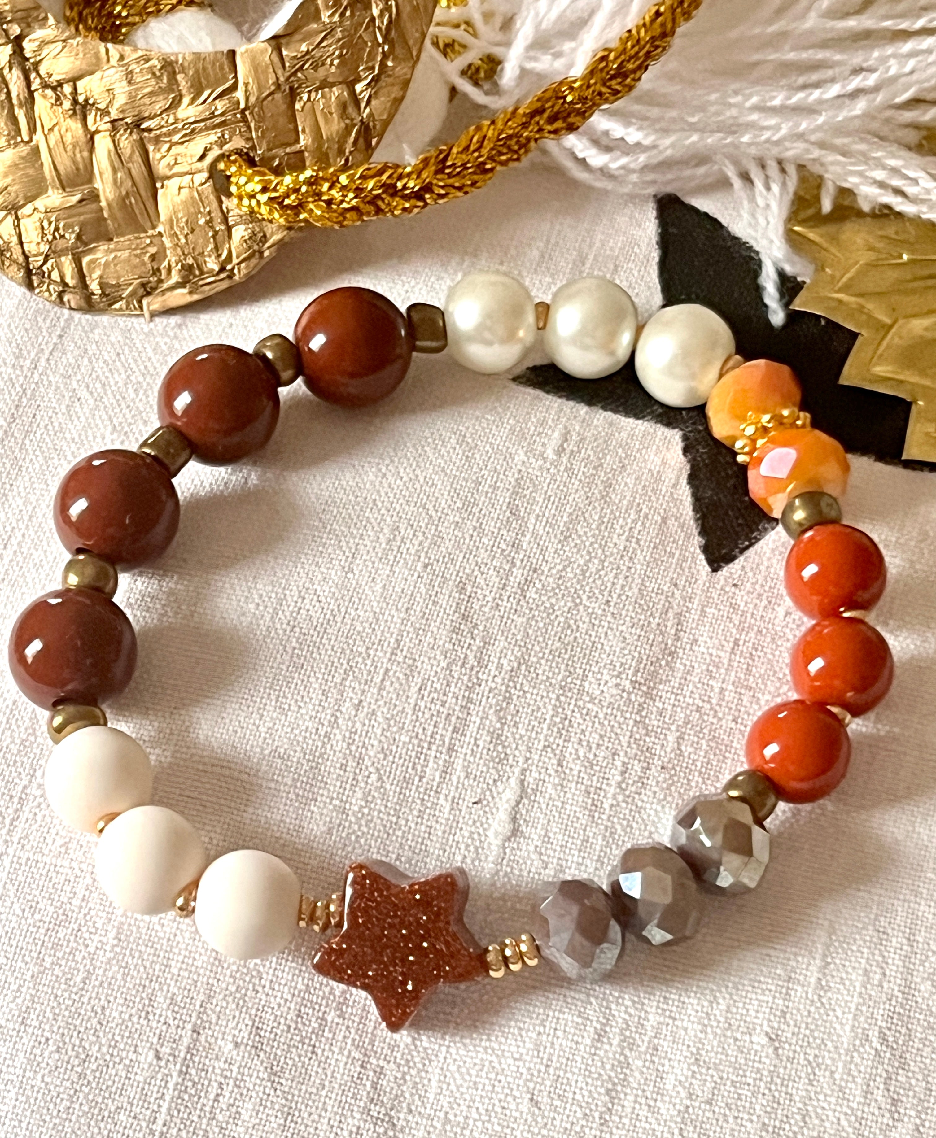 HOSHI – multi perles et étoile paillettes caramel