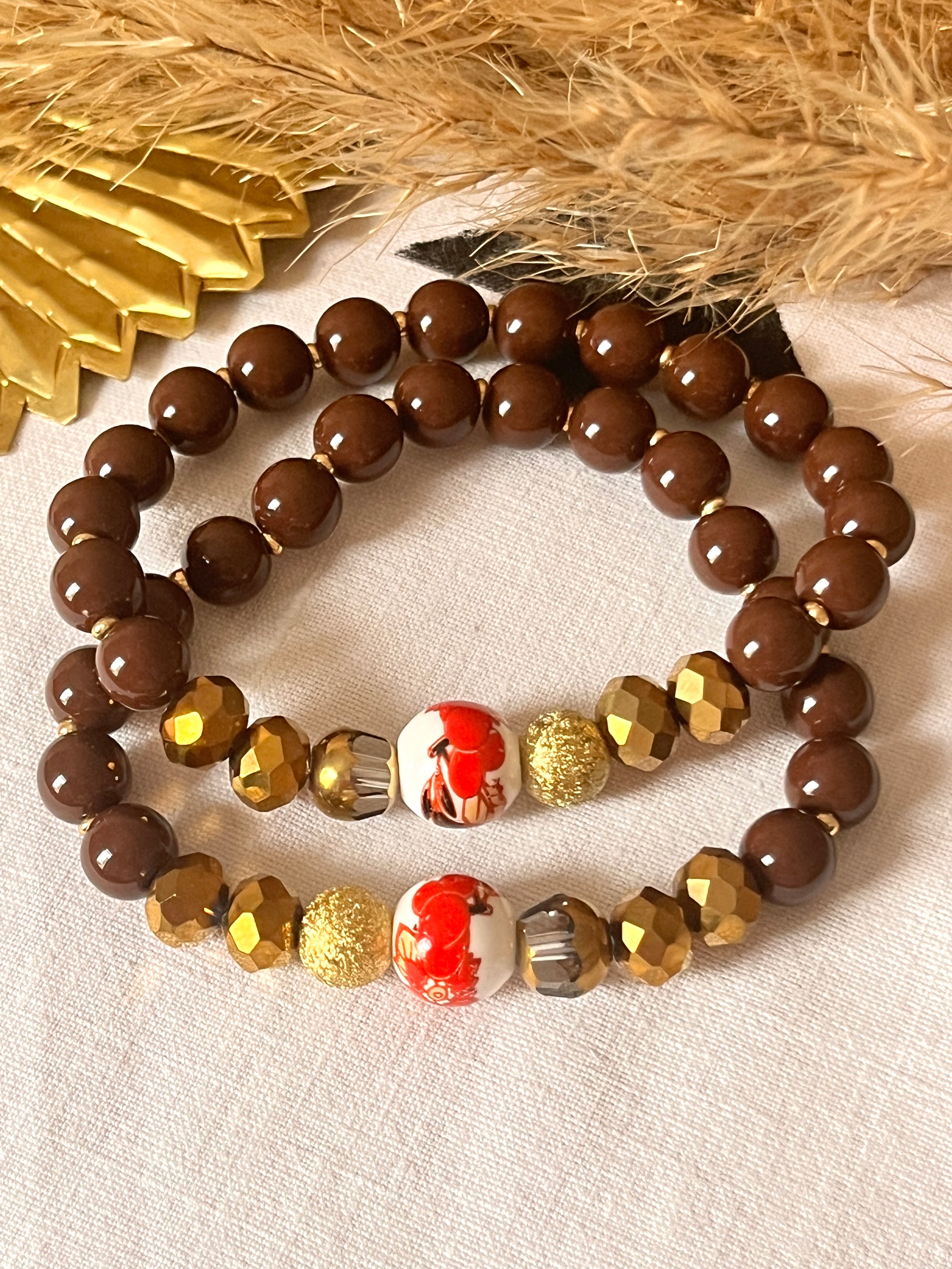 Vintie -bracelet brown et perle vintage en faience