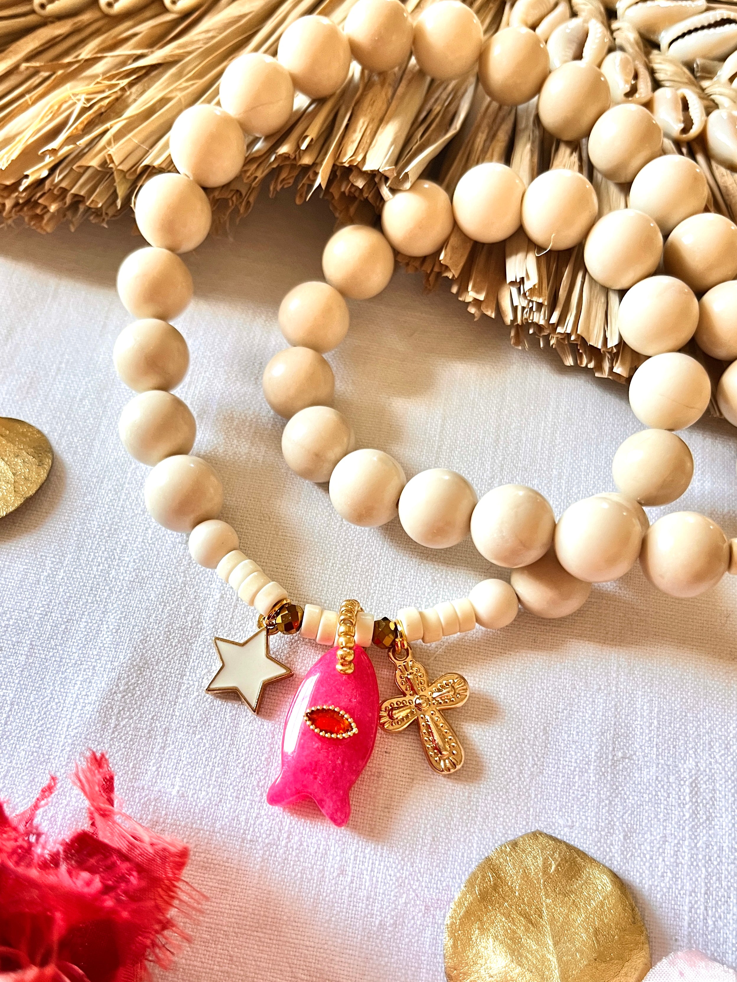 Oxilyo ROSE - Ras de cou en pierre naturelle et son trio de charm's Ma boutique