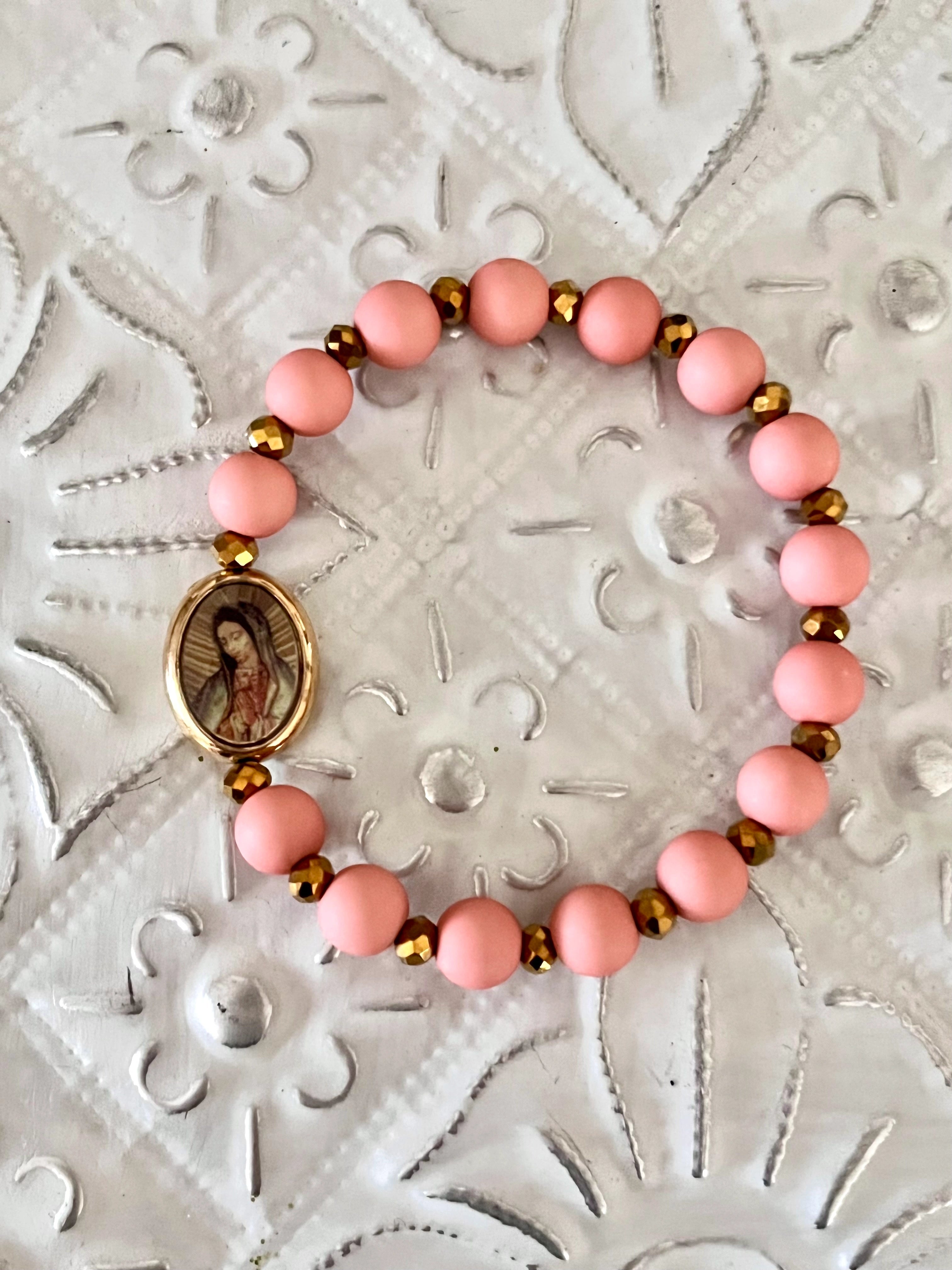 Madone – Bracelet rose poudré & perles bronze Arastuce