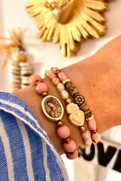 Madone – Bracelet rose poudré & perles bronze Arastuce