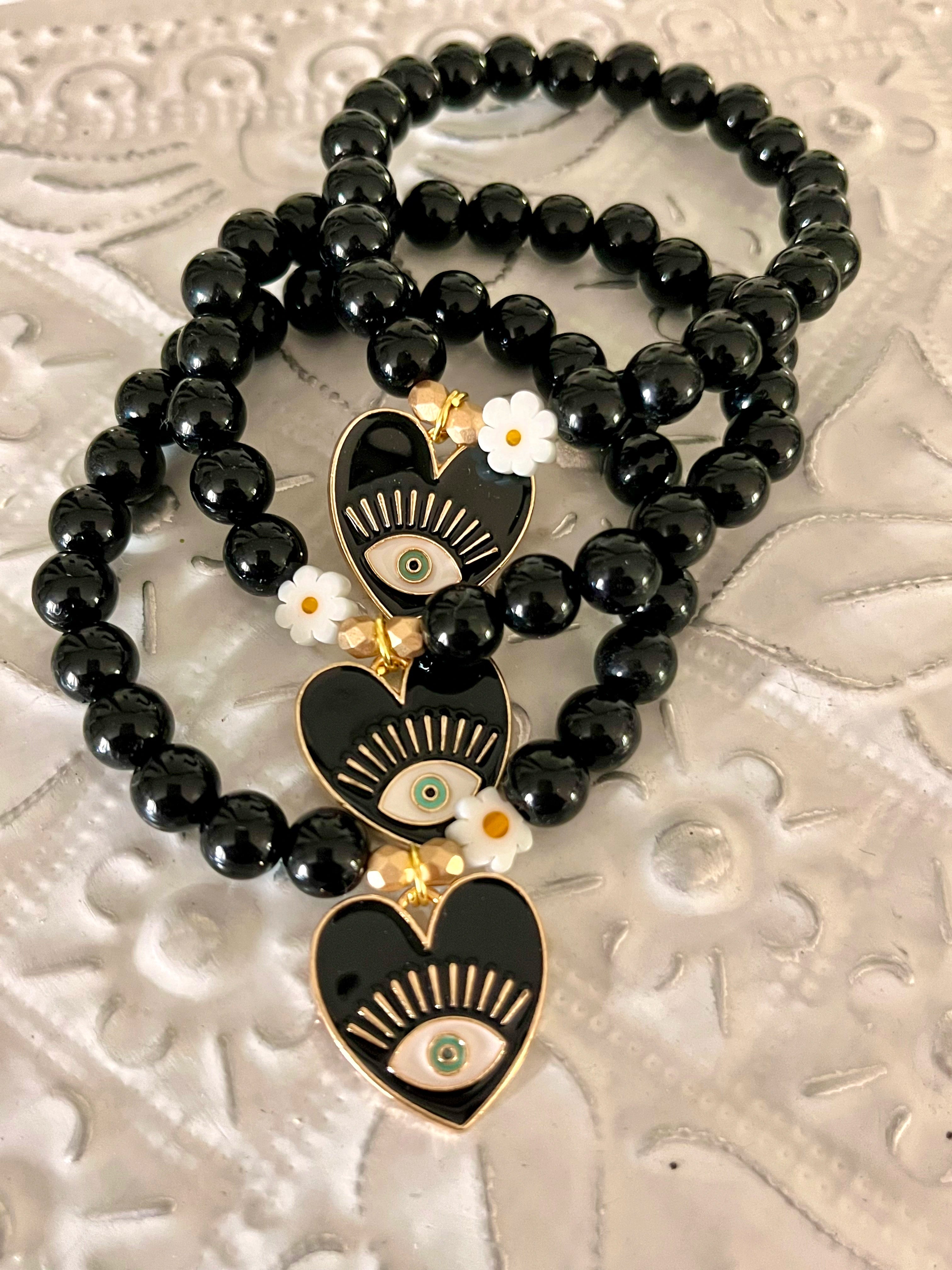 IBIZA Noir – Bracelet perles noires & Cœur protecteur Arastuce