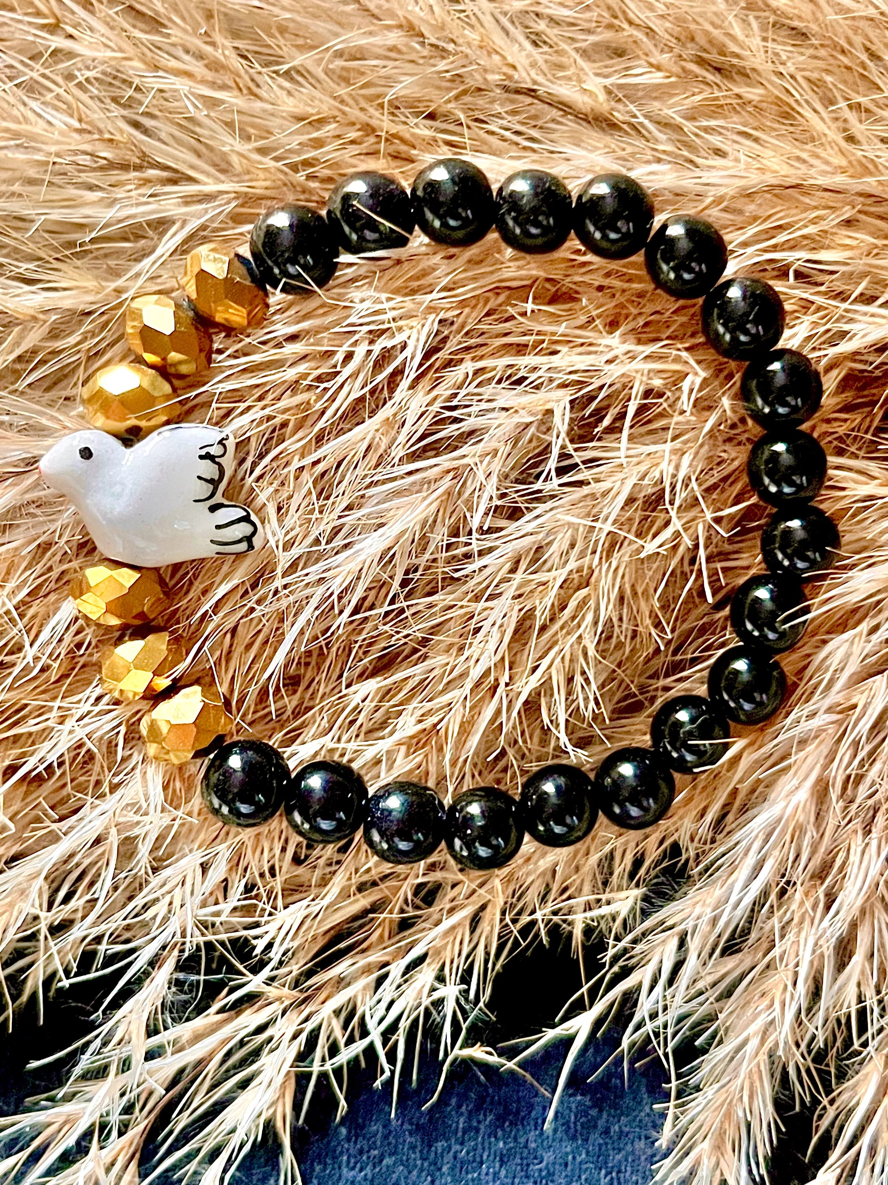 Paloma – Colombe en faîence et perles noires Arastuce
