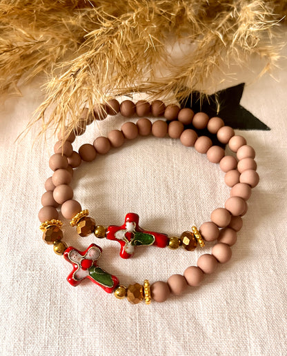 Jany – Bracelet croix fleuri rouge