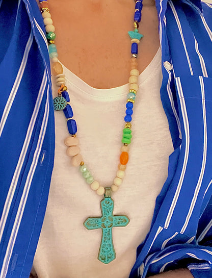 Milos – Sautoir croix turquoise