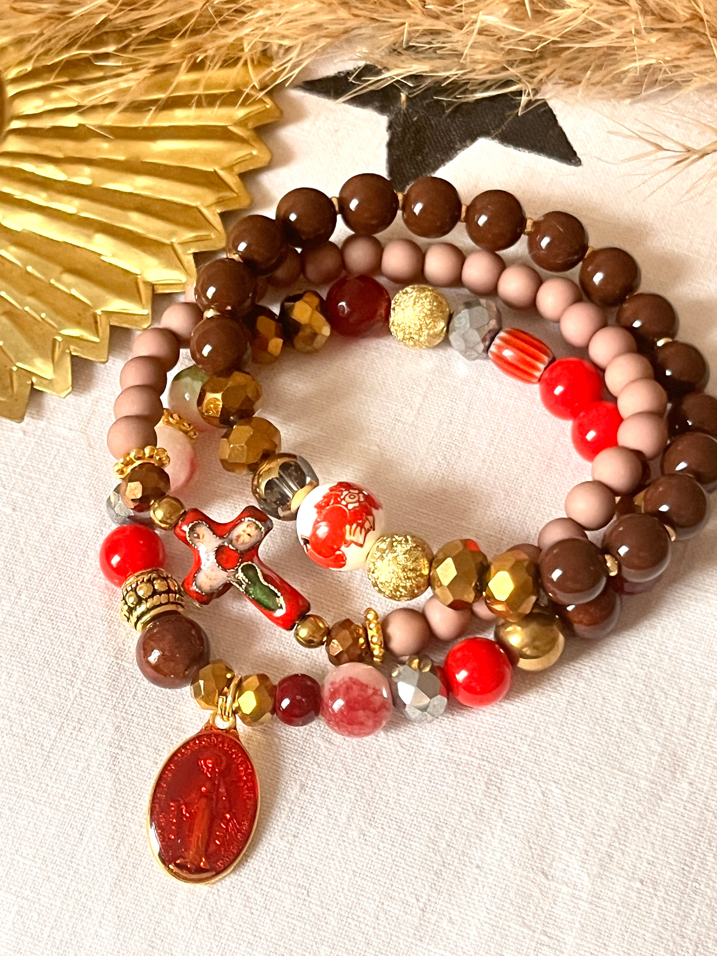 Vintie -bracelet brown et perle vintage en faience